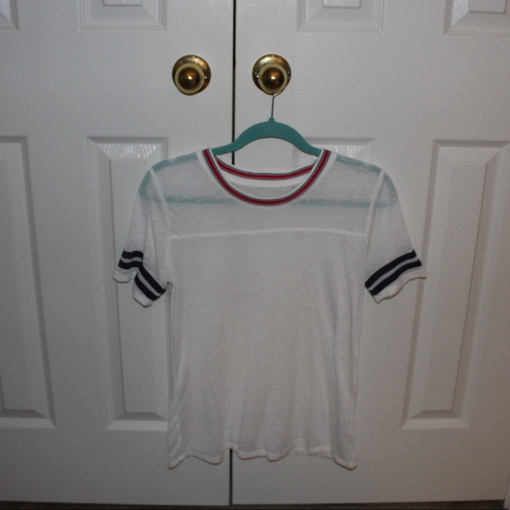 Red blue and white see through shirt.